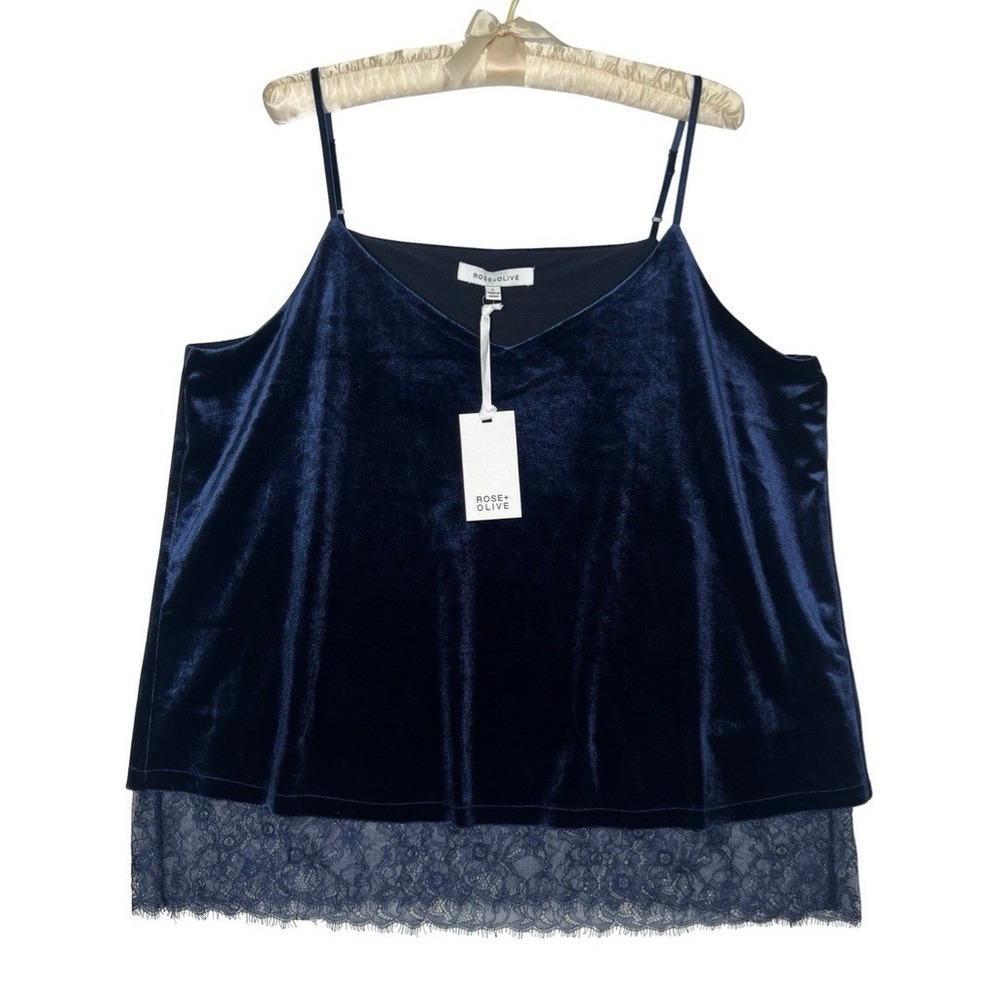 Rose + Olive Velvet Lace Trim Camisole Dark Navy Blue Velour Women's Large NWT